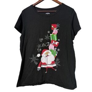 Holiday Time Unisex Size 2X Santa Claus Gift Stack Black Graphic T-Shirt‎
